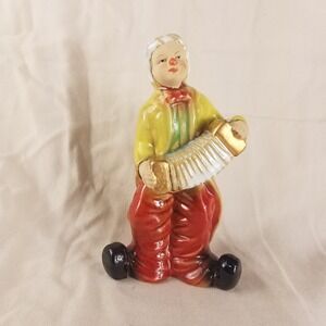Vintage Ceramic Clown Figurine Playing Accordion Yellow‎ Red Gold Glazed 6.5in